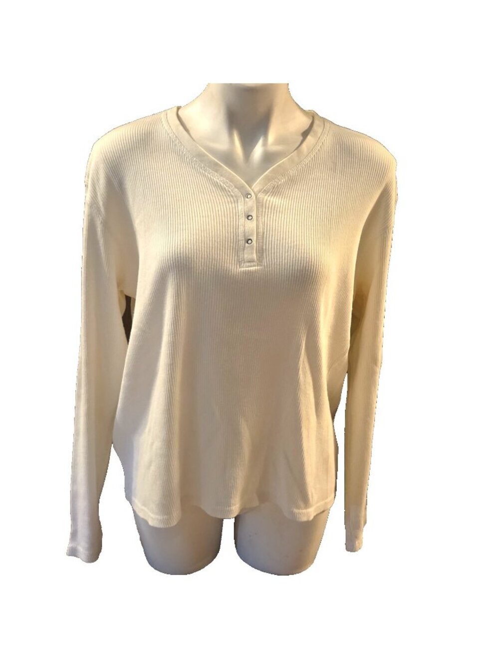 Size Large Eddie Bauer Henley Cream Long Sleeve Pullover Shirt Top 100% Cotton